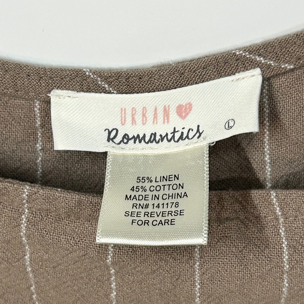 Urban Romantics Womens Taupe Pinstripe Linen Blend Shortall Romper Size L - Picture 3 of 11